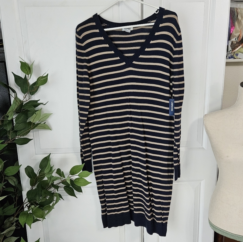 Navy and Tan Striped Long Sleeve Sweater Dress